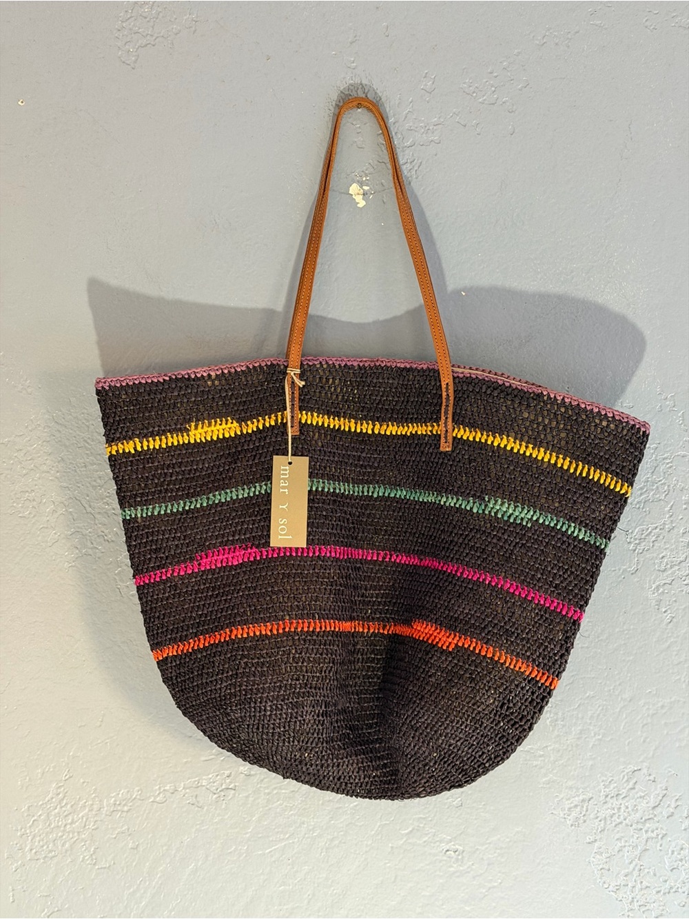 NWT Mar y Sol Handmade Woven Straw Tote Bag Multi-Color Stripe Leather Straps - Picture 2 of 8